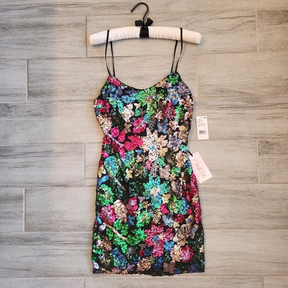 Midnight Doll mini dress L black multi sequins embroidered floral party new $90 - Picture 2 of 13